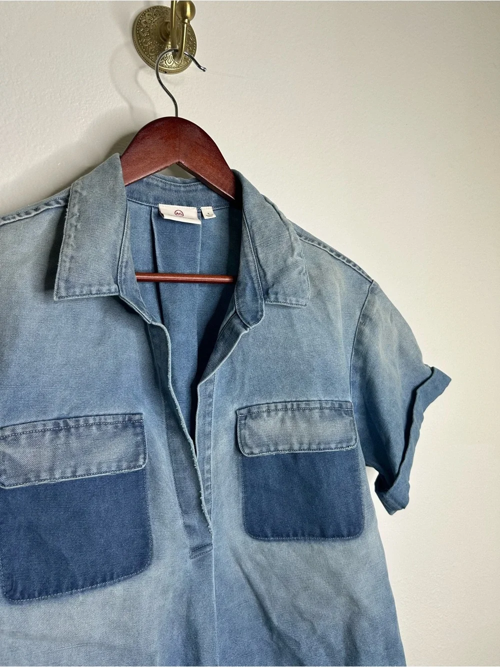 AG 100% Cotton Two Tone Denim Distressed Oversized Boxy Fit Popover Top - Picture 6 of 12